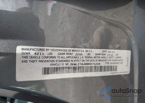 2011 Volkswagen Jetta 2.5L Sel from USA, damaged, VIN 3VWLZ7AJ8BM371228